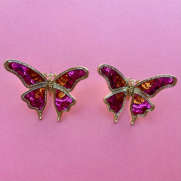 NWT House of Harlow 1960 Butterfly Earrings - 3D Pink Orange Sparkly Butterfly - Picture 1 of 7